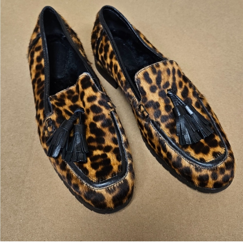 Boden 38 Aria Shearling Lined Calf Hair Leopard Print Tassle Loafers